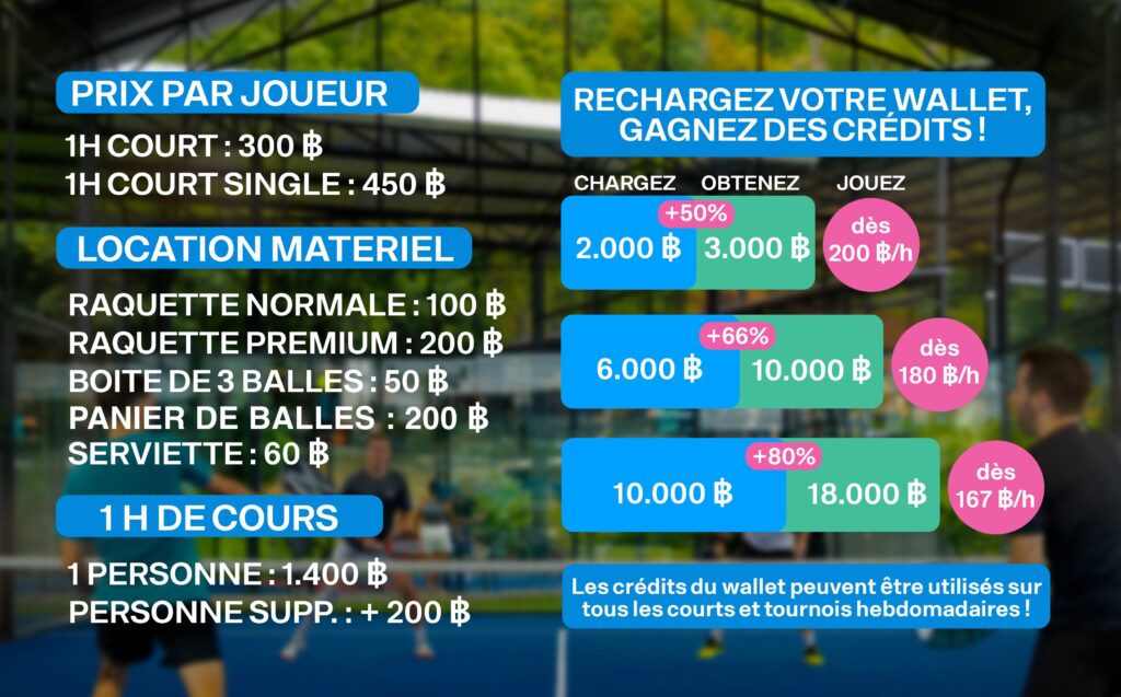 liste de prix padel paradise lamai koh samui thailande