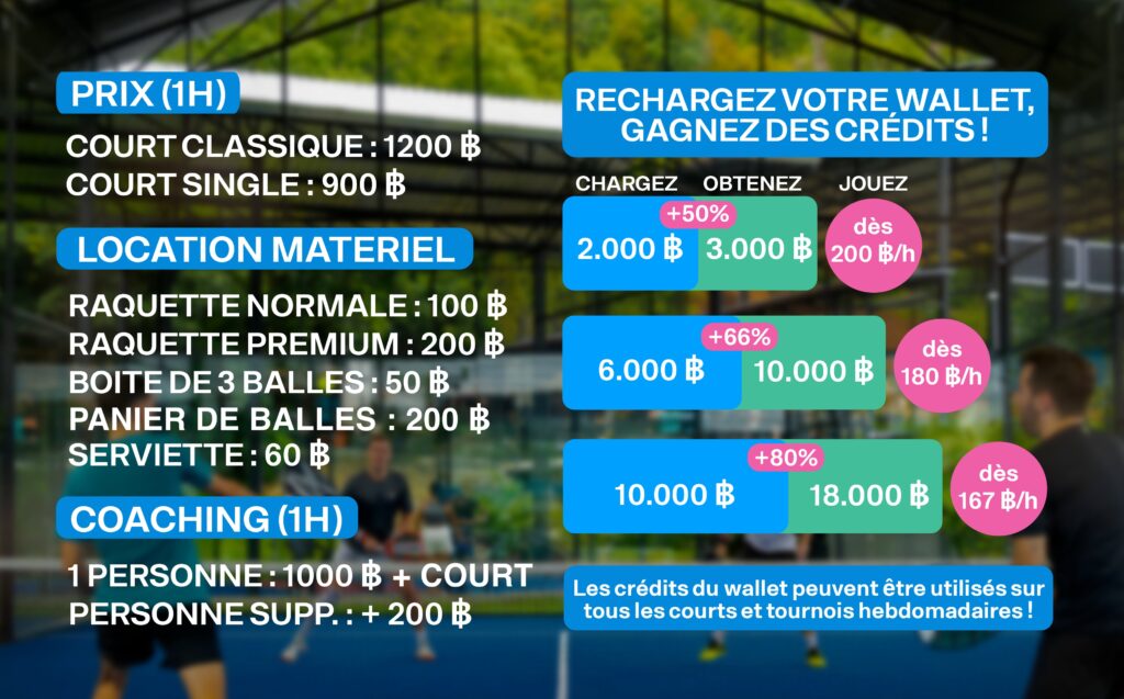 liste des prix padel paradise lamai koh samui
